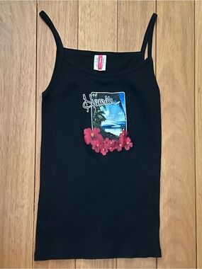 Vintage Black Hawaii Graphic Spaghetti Strap Tank with Pink Flowers 100% Cotton